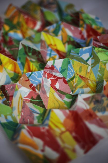 Geometrically folded mokuhanga prints made by Louise Rouse