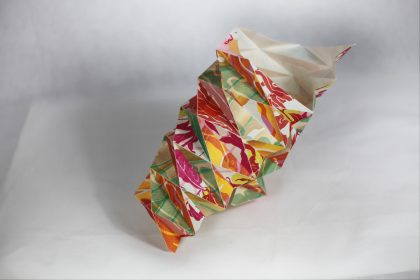 Photo of geometrically folded mokuhanga prints made by Louise Rouse